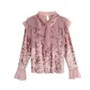 Women Pink Black Gray Velvet Solid Bow Collar Button Long Sleeve Ruffle Shirt Blouse B0229 210514