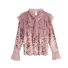 Kvinnor Rosa Svart Grå Velvet Solid Bow Collar Knapp Långärmad Ruffle Shirt Blouse B0229 210514