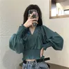 Ezgaga Crop Tops Kvinnor V-Neck Koreanska Solid Långärmad Ruched Stretch Slim Spring Kvinna Mode Sexig Skjortor Elegant Blus 210430