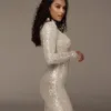 Sparkle Glitzy Sequins Dress Mesh Patchwork Turtleneck Long Sleeves Celebrity Christmas Party Vestidos 210525