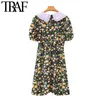 Femmes chics mode avec ceinture imprimé floral mini robe vintage Peter Pan collier manches courtes robes femelles Mujer 210507