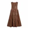 Eleganta kvinnor knäppas lång klänning mode damer faux läder es streetwear kvinnlig brun draped lös patchwork 210427