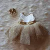 Broderade guld paljetter party klänning stor båge fluffig tulle boll klänning för bröllop prinsessan barn kläder yy002 210610