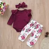 Vestiti della neonata Pagliaccetto solido Fascia per fiori Pantaloni 3 pezzi Set Ragazza del bambino Abiti Manica lunga Abiti per bambini Abbigliamento estivo per bambini DW5334