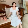 Neploe White Dress Women Chic Vintage Sexig Backless Vestidos Mujer Chic Lace Up Bow Robe Eleganta Slim Temperament Klänningar 210422