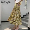 Summer Pleated Chiffon Skirts Womans Floral Printed Vintage Casual Cute High Waist Skirt Midi Kpop Harajuku Saias 210506