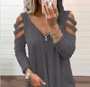 Womens T shirt Blouse Long Sleeve Loose Cotton Blend Women Hollow Out Cold Shoulder T-shirt Top for Spring