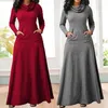 Casual Kleider Elegante Frauen Einfarbig Maxi Kleid Frühling Herbst Winter Lose Scraf Kragen Langarm Mit Tasche Plus Größe