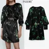 Jacquard Black Satin Mini Dress Women Vintage Elastic Belt Long Sleeve Party es Ladies Goth Chic Woman 210519