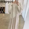 Retro Korean Chic Solid V Neck Batwing Sleeve Pullovers Sweater Knitted Top Loose Lace Patchwork Spaghetti Strap Dress Gentle 210429