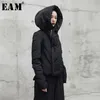 [EAM] Утолщение с капюшоном черное короткое короткое хлопок мягкое пальто с длинным рукавом Свободные подходит для женщин Parkas мода весна осень Ji08 210923