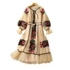 2022 Spring Summer Long Sleeve Round Neck Khaki Floral Embroidery Tulle Panelled Ribbon Tie Bow MidCalf Dress Elegant Casual Dres3070435
