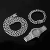 Ketting + horloge + armband 3 stks Kit Hip Hop Miami Curb Cubaanse Ketting Goud Volledige Iced Out verharde Rhinestones CZ Bling voor Mannen Sieraden X0509