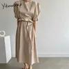 Yitimuceng Ruffles Sukienki dla kobiet Lace Up Puff Sleeve Elastyczny talii Khaki Biała Czarna Letnia Koreańska Sukienka Mody 210601