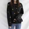 Femmes Automne Hiver Crew Neck Black Star Glitter Bling Sweatshirts Pulls Casual H0037 210514