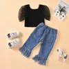 Groothandel zomer meisje 2-pcs sets zwart bladerdeeg korte mouwen + gat kwast parel jeans kinderen outfits E1789 210610