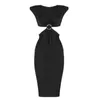 黒い中空アウトの女性のためのセクシーなドレスoネックノースリーブハイウエストニーレングスエレガントなドレス女性ファッションスタイル210531