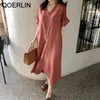 Minimalist Korean Deep V-neck Loose Irregular Linen Dress Summer Short Sleeve Gray Black Oversize Long Maxi 210601