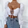 Dames Zomer Katoenen Bandage Blouse Big Long Slush Lantern Sleeve Verstelbare Lace Up Strap Crop Top White Summer 210518