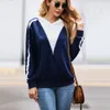 Striped Zipper Typle V Loose Hoodies Women Autumn Winter Streetwear Clothes Female Sweatshirt Hooded Long Sleeve Green Dark Blue 210507