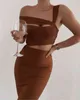 Women Summer Sexy Hollow Out Brown Midi Knee Length Bodycon Bandage Dress 2021 Designer Elegant Evening Party Dress Vestido G1214