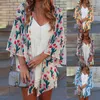 Vrouwen Casual bloemenprint Zomer Chiffon Kimono Geen Cardigan Beach Open Cover boven knie halve mouw omhoog Sarongs