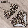 Ruuhee Leopard Swimwear Bikini Kobiety Wysoka Talia Kostium Kąpielowy Swimsuit Kobieta z Pad Push Up 210621