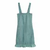 Vuwwyv Summer Dress Woman Green Ruffle Bodycon Backless Es Kvinnor Vintage Ruched Strappy Mini Textured Vestido 210430