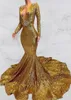 Sexig Deep V Neck Gold Mermaid Prom Dress 2022 Långärmad Öppna Back Sequined Formal Evening Gowns Celebrity Party Dresses