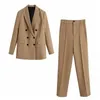 Vintage Women Chic Blazer Office Ladies Pocket Jackor Eleganta Kvinna Kausal Slim Suits Solid Khaki Girls Set 210427