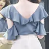 Camicette da donna Camicie Camicetta di chiffon vintage da ufficio elegante coreana 2022 Camicia da donna senza schienale sexy irregolare arruffata estiva