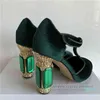 Luxury Emerald Agate Chunky Heel Wedding Shoes Jeweled High T-strap Green Velvet Round Toe Rhinestone Pumps Women