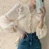 Frühling Koreanische Lose V-ausschnitt Laterne Hülse Hemd Französisch Süße Spitze Bluse Gefaltete Lange Top Frauen Chemisier Femme 12766 210427