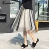 Kjolar xuannuo kvinnor bollklänning kjol spliced ​​tulle asymmetrisk dam kontrast färg mode stil lång söt skiktad 2021