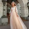 Богемский шампанское длинное фонарика рукава A-line свадебные платья 2022 кружевные аппликации свадебные свадебные платья назад кнопки летом пляж невесты платье Vestido de Novia
