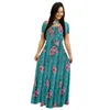 Abito lungo da donna a maniche corte con scollo a O e scollo a V Stampa floreale estiva Vita alta Elastico Elegante Boho Robe Maxi Dreses Plus Size Casual Dresse