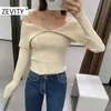 Zevity femmes Sexy Slash cou couleur unie mince tricot pull Femme Chic basique à manches longues pulls décontractés marque hauts S477 210914