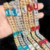 Hip Hop 12MM Bling Iced Out Platz Blau Rot Edelstein Kristall Cuban Link Kette AAA Halskette für Männer Frauen schmuck X0509