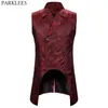 Vin rouge Paisley Jacquard long gilet hommes Double boutonnage revers brocart gilet gilet hommes gothique Steampunk sans manches Tailcoat 210522