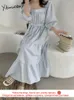 Yitimuceng tårta klänningar för kvinnor sommar koreanska modebandage lång klänning kvadrat krage vit gul grön ljusblå 210601