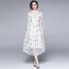 Vit Sweet Broderi Mesh Party Dress Vintage Summer Women Lace Patchwork High Waist Casual Slim Dresses Robe 210519