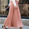 38# Women Narrow Elastic Waist Skirts High Waist Pleated Skirts Big Swing Female Casual Pink Black White Midi Skirt Long Skirt X0428