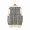 Vintage Ärmlös Plaid Sweater Kvinnor V Halsband Streetwear Winter Vest Tops Casual Korean 210521