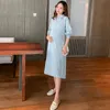 Maternity Dresses 6606 Höst Koreanska Mode Blusar Klänning Med Slipsar Midja Långärmad Kläder för gravida Kvinnor Bomull Linne Graviditet