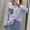 Sweet Tweed Patchwork Striped Blouses Long Sleeve Pockets Loose Female Shirts Cute Work Wear 210430