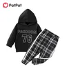Arrival Spring and Autumn 2-piece Baby Toddler Letter Hooded Pullover Plaid Pants Set Children's Clothing 210528