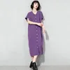 [EAM] vestido de punto multicolor de talla grande con bolsillos y una hilera de botones para mujer, vestido holgado de manga corta con solapa, moda de verano 21512