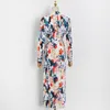 Élégant imprimé robe plissée pour les femmes col montant à manches longues ceintures Slim Maxi robes femme printemps mode 210520