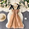 Women's Spring Fashion Retro Chic Slash Neck Bra Bow Suspender Lady Style Mini Dress D0104 210506