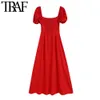 TRAF Women Chic Fashion With Buttons Midi Dress Vintage Puff Sleeves Back Smocked Detail Female Dresses Vestidos Mujer 210618